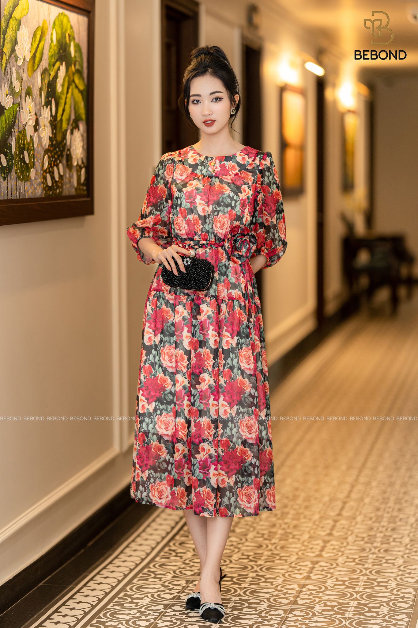 Đầm xòe tơ óng in hoa 3D - Hoa Hồng Đỏ - Stella Dress