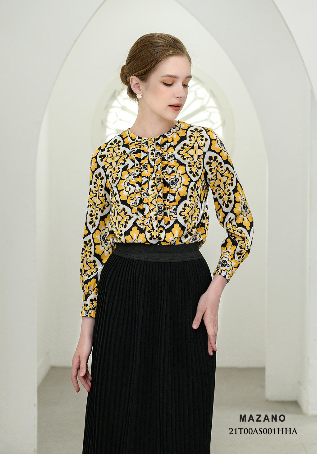 Áo sơ mi họa tiết cổ tròn bèo rủ_thumbnail_2