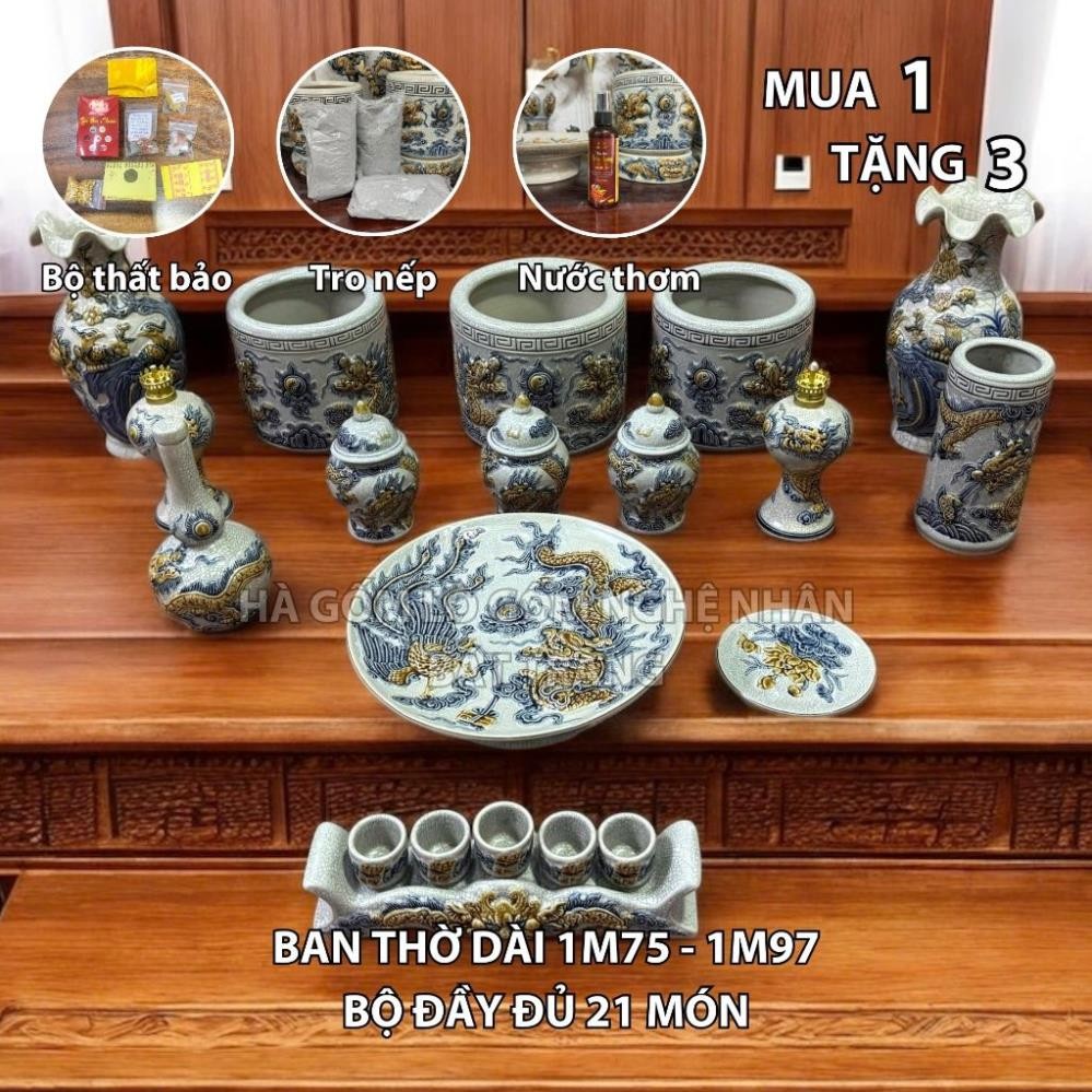 HG062 Đồ Thờ Cúng Bộ 21 món ban thờ 1M75 - 1M97 men rạn nổi nghệ nhân Bát Tràng chế tác TẶNG Thất Bảo, Tro Nếp