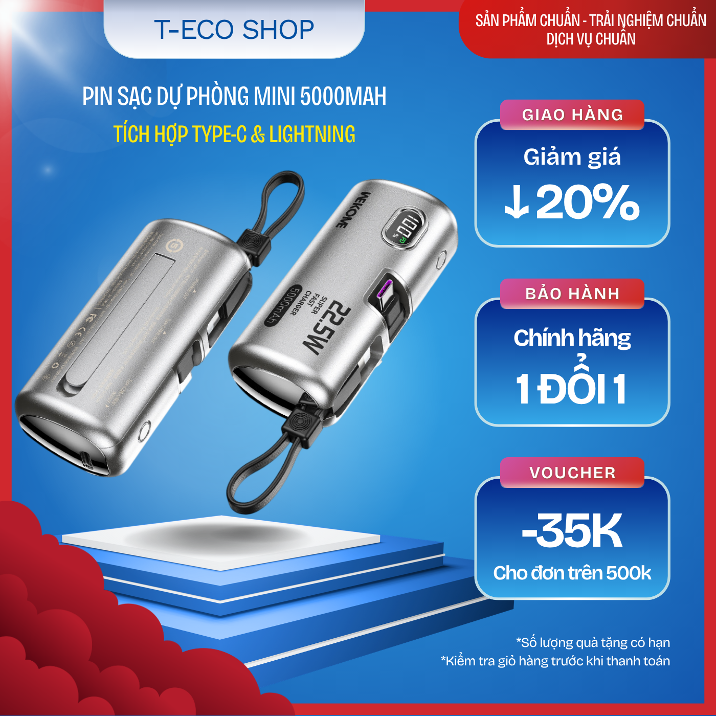 T-ECO SHOP | Pin Sạc Dự Phòng Mini 5000mAh 22.5W – Tích Hợp Type-C & Lightning, Có Dây, Màn LED