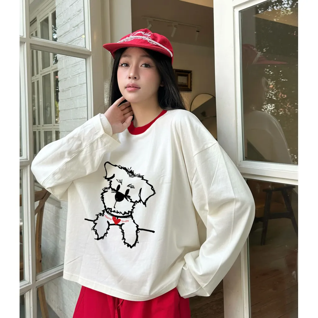 Áo thun boxy tay dài Miucho chất vải thoáng mát đứng form hình cún đáng yêu in artwork 2835_thumbnail_4