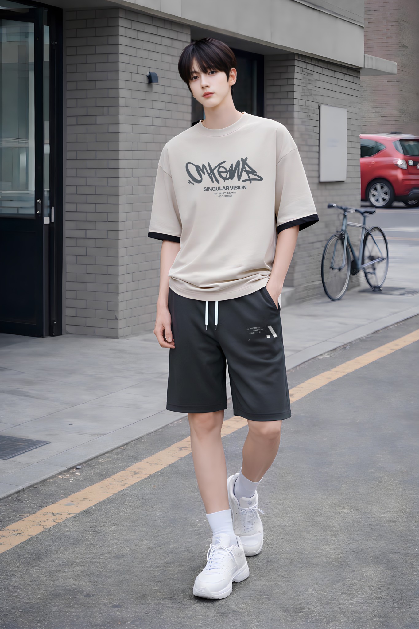 Áo phông bé trai dáng rộng màu be phối tay đen