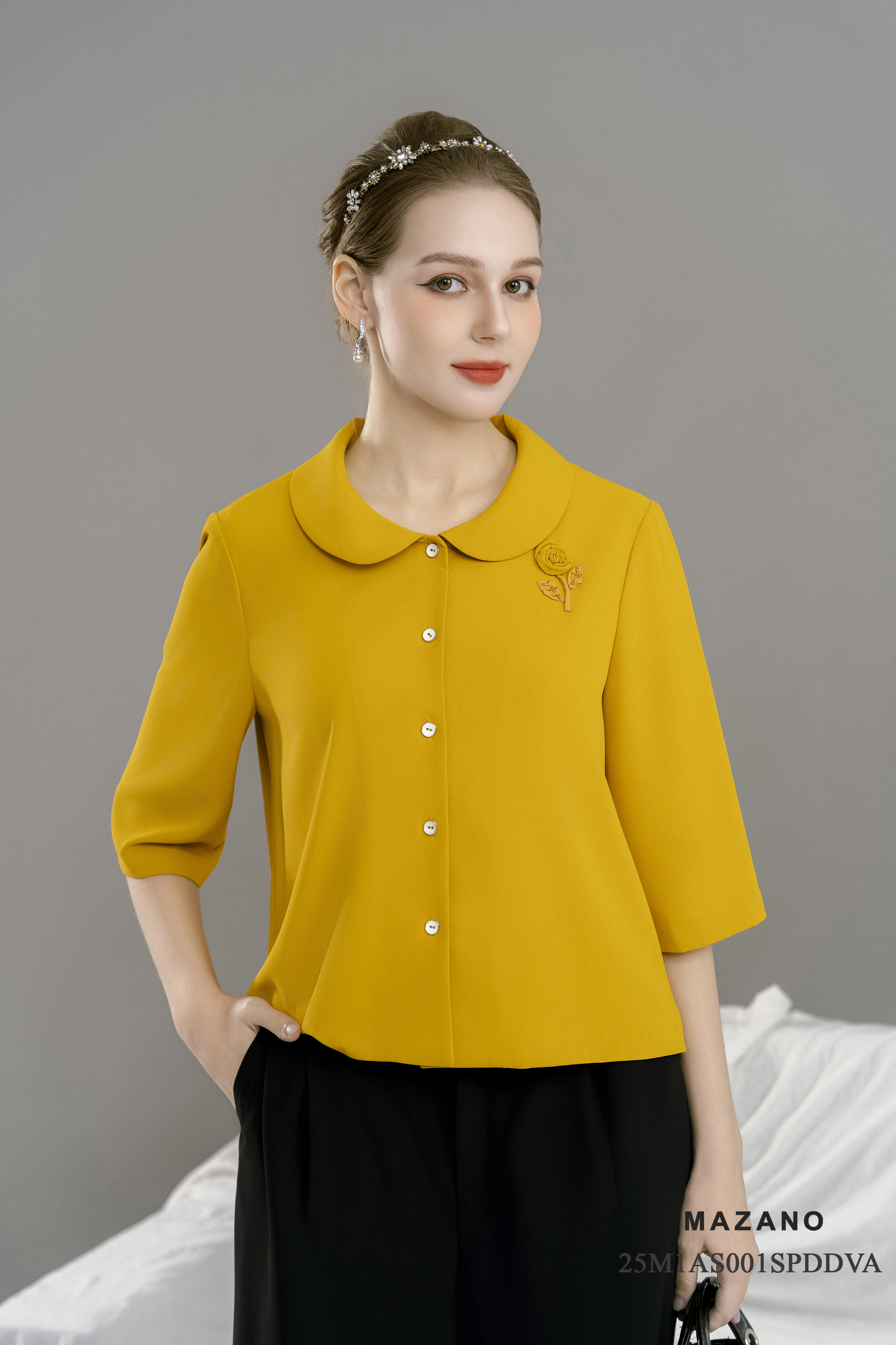 Áo suông cài khuy Đắp hoa Cổ bẻ Tay lỡ Dài áo qua eo- Mã AS001CTVA