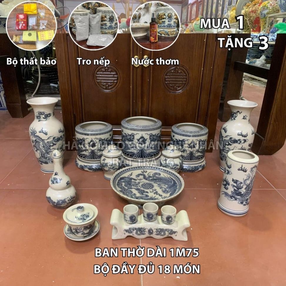 HG119 Đồ Thờ Cúng Bộ 18 món ban thờ 1M75 men rạn trơn nghệ nhân Bát Tràng chế tác TẶNG Thất Bảo, Tro Nếp
