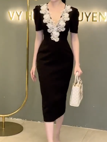 Đầm Bút Chì Cổ V Phối Ren TB