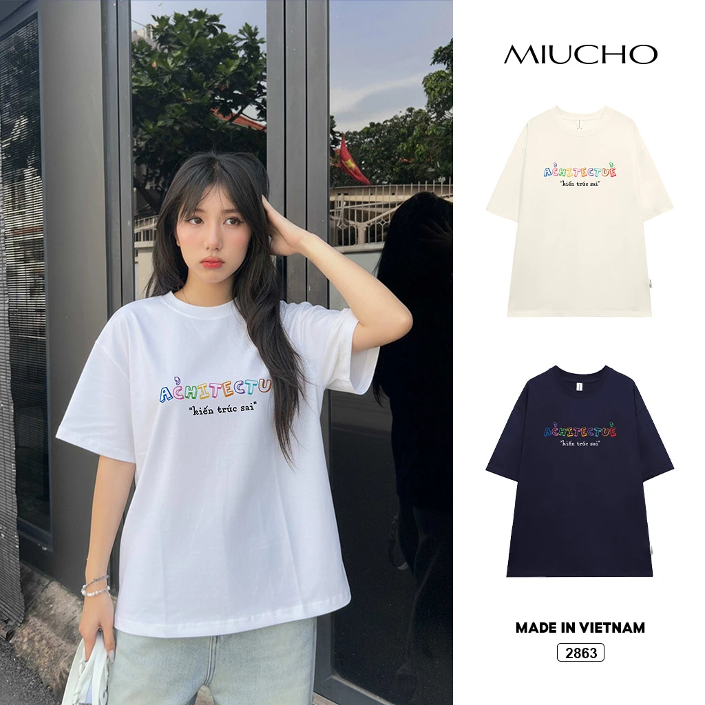 Áo thun nữ form rộng Miucho Club vải co giãn thoáng mát chữ kiểu Kiến trúc sai in typography 2863