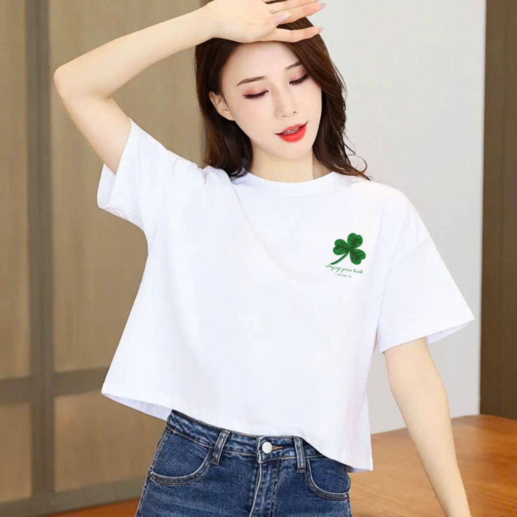 [Form Rộng] Áo croptop nữ 2 màu đen/trắng cỏ 3 lá chất liệu cotton co giãn - Áo croptop nữ Loza - GT8182