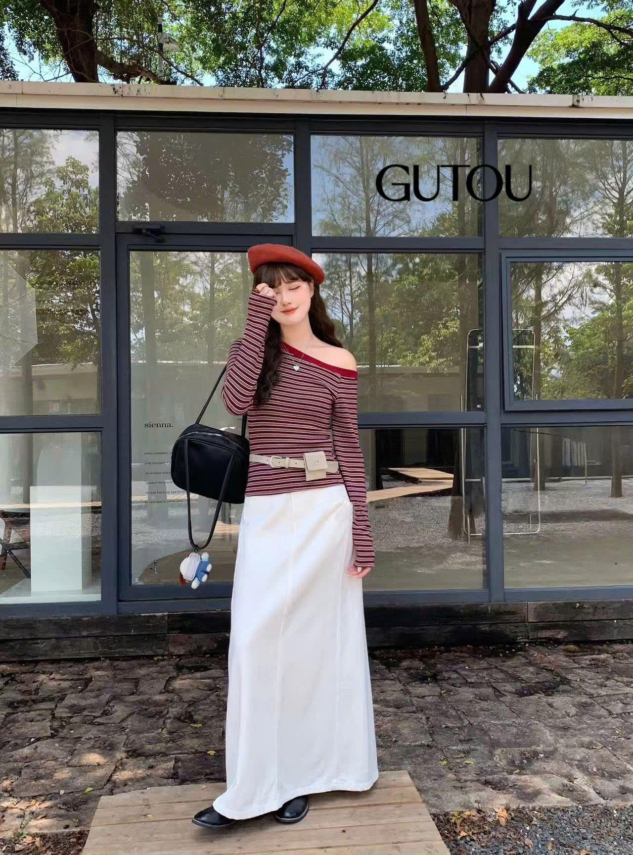 [ GUTOU ] Áo Lệch Vai Sọc Ngang Tay Dài Ôm Body_thumbnail_7