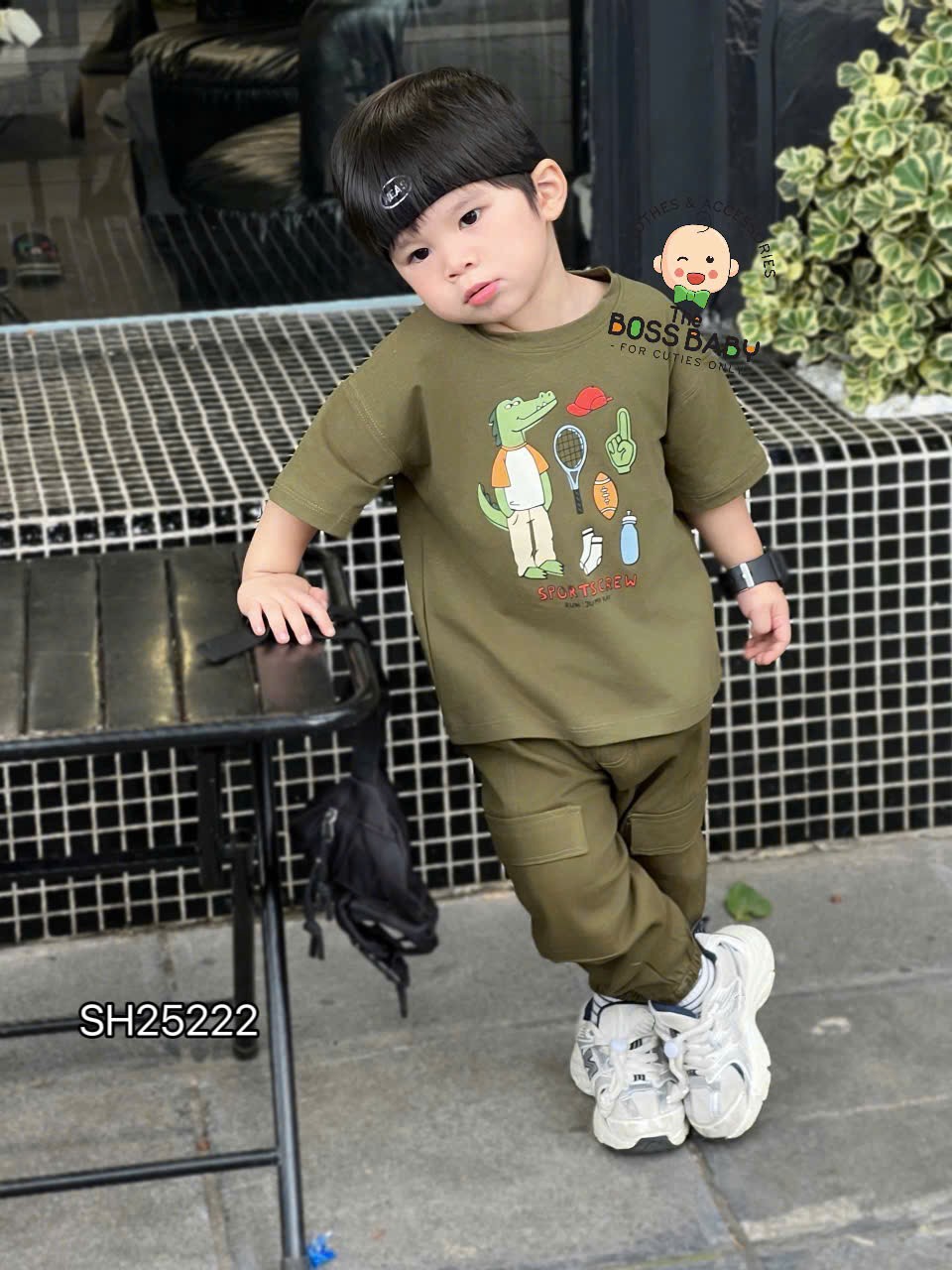 Set bộ kaki rêu họa tiết cá sấu