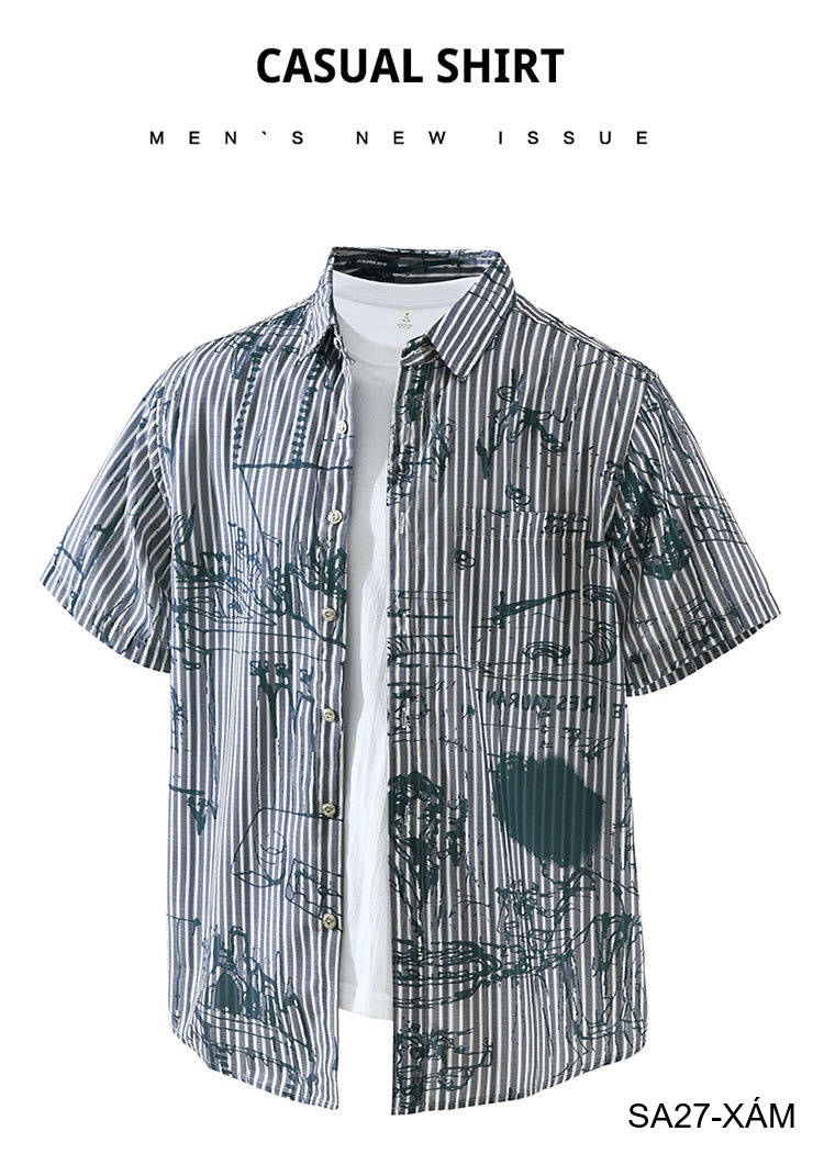 SA27 - Áo sơ mi nam ngắn tay họa tiết sọc và vẽ tay phong cách streetwear, chất liệu polyester mềm mại, form rộng thoải mái_thumbnail_5