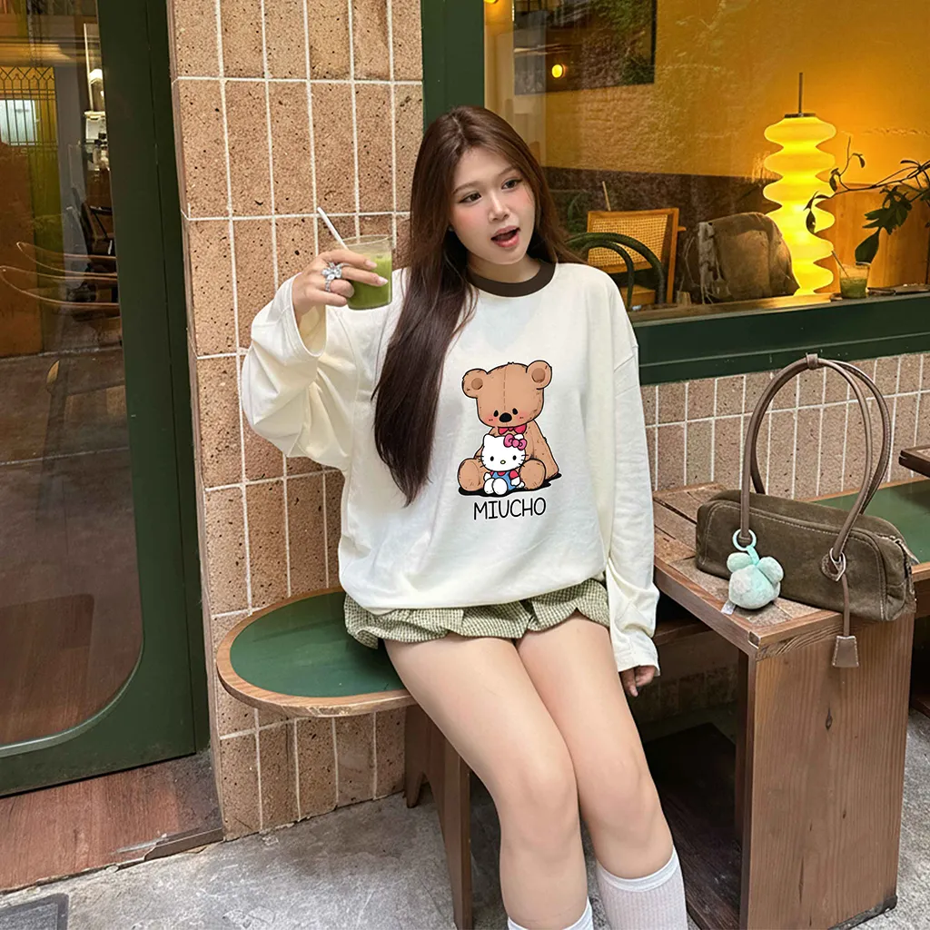 Áo thun boxy tay dài Miucho chất vải thoáng mát co giãn phối cổ mix màu Kitty Gấu nâu 2807_thumbnail_3