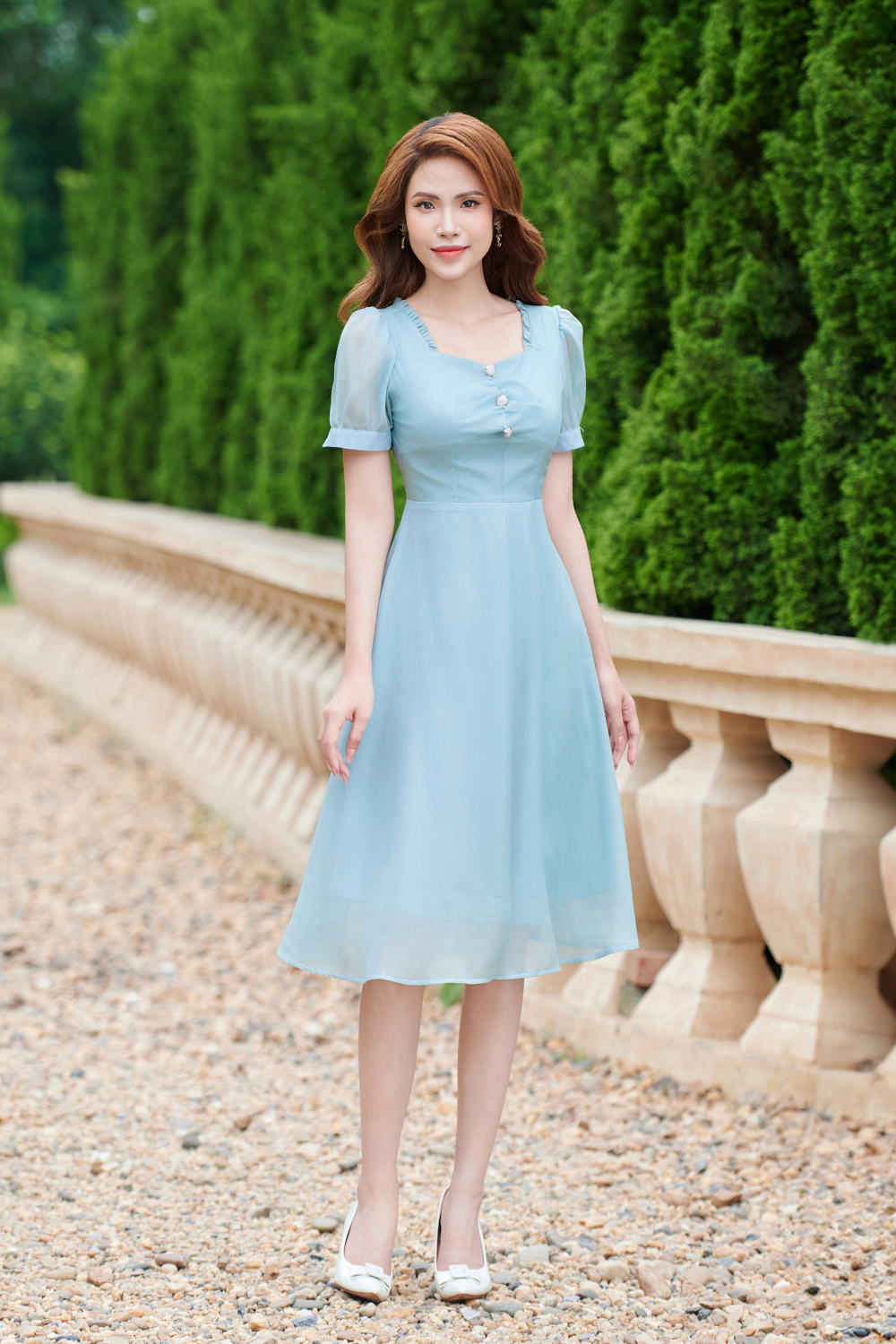 Đầm xoè xanh cổ vuông nhún_thumbnail_1