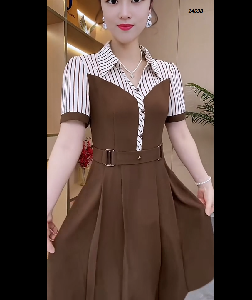 14698-Đầm xòe nâu phối trắng sọc phía trên (chéo nhật, lụa sọc)_thumbnail_4