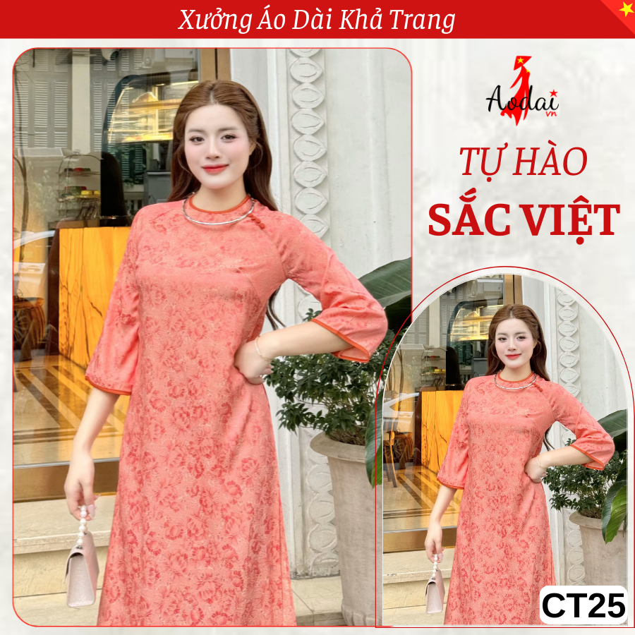 Bộ Áo Dài Cách Tân Gấm Dáng Suông CT25 màu Cam Cổ Tròn Tay Lỡ Hoa Sen Đá_thumbnail_2