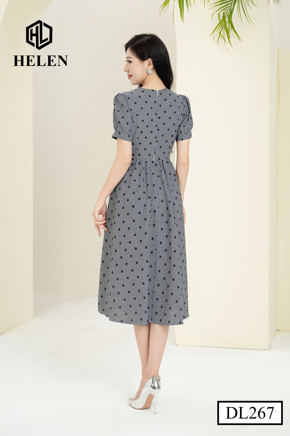 Đầm xòe chấm bi đen thắt nơ eo DL267