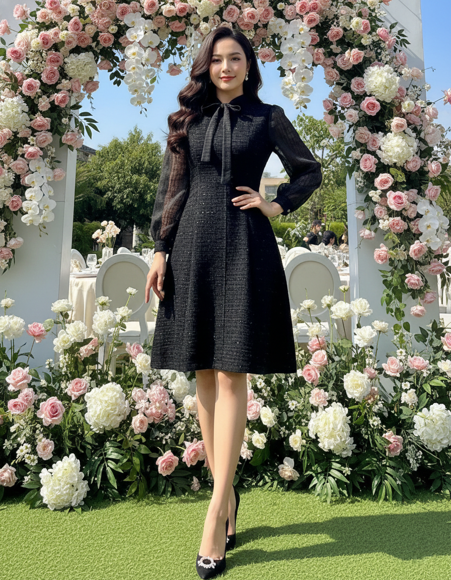 Đầm phối cổ sơ mi tay con nút đôi_thumbnail_2