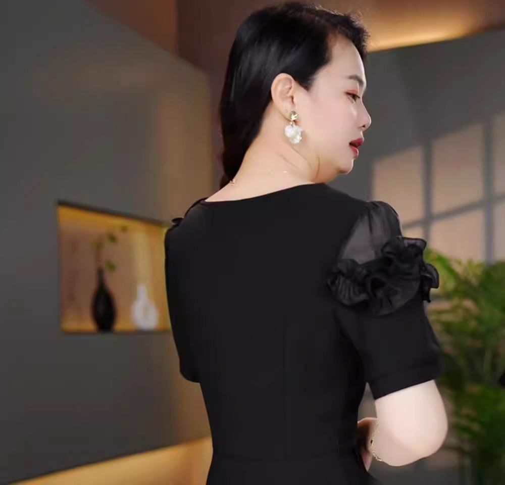 17720-Đầm xòe đen tay ngắn phối viền bèo kèm nịt ( lụa, voan)_thumbnail_1