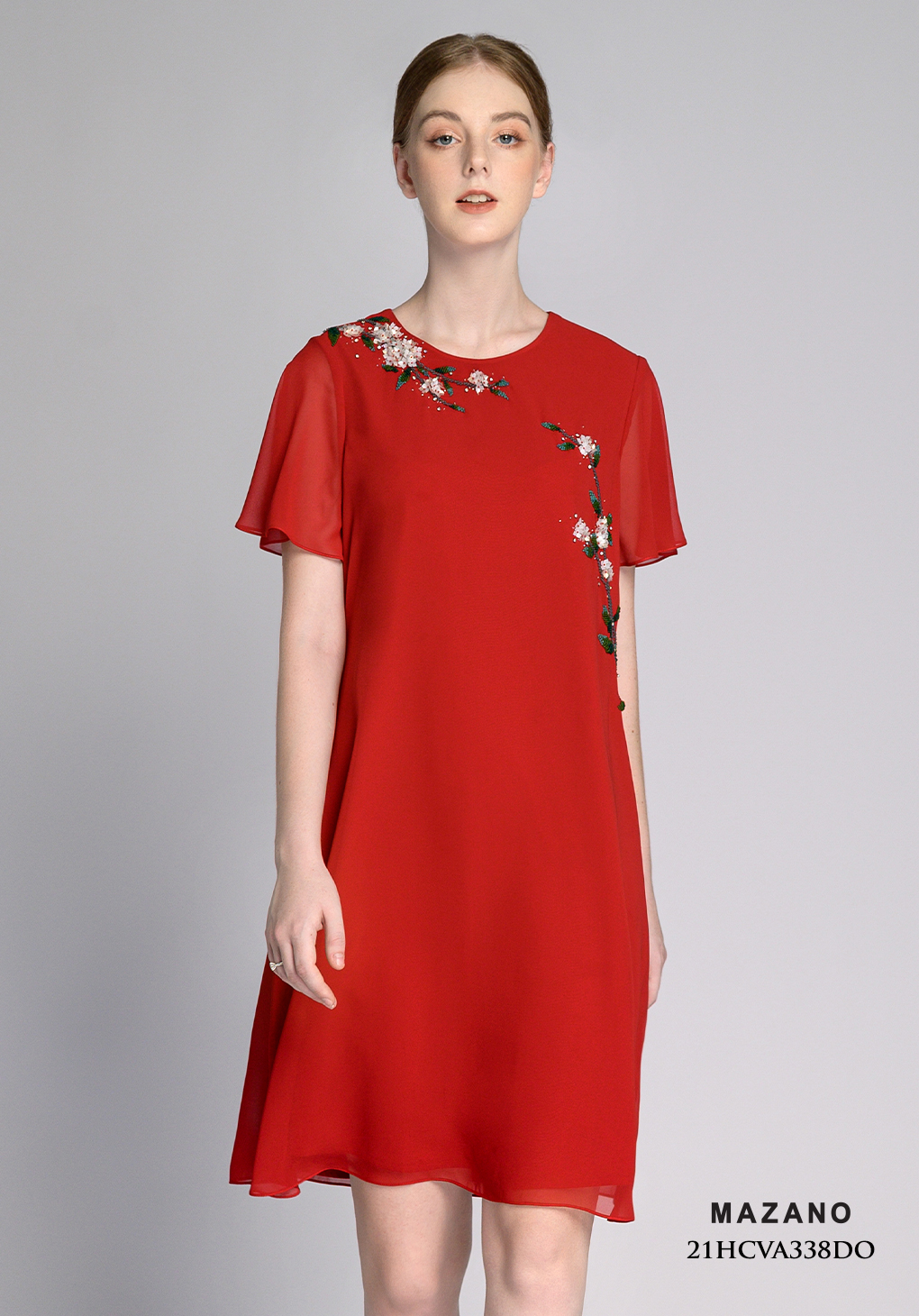 Đầm suông A đỏ tay rủ đính hoa trang trí_thumbnail_2