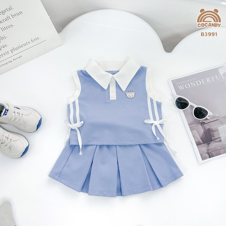 Bộ váy cộc X.NHẠT cổ nẹp TRẮNG phối dây dệt nơ sườn