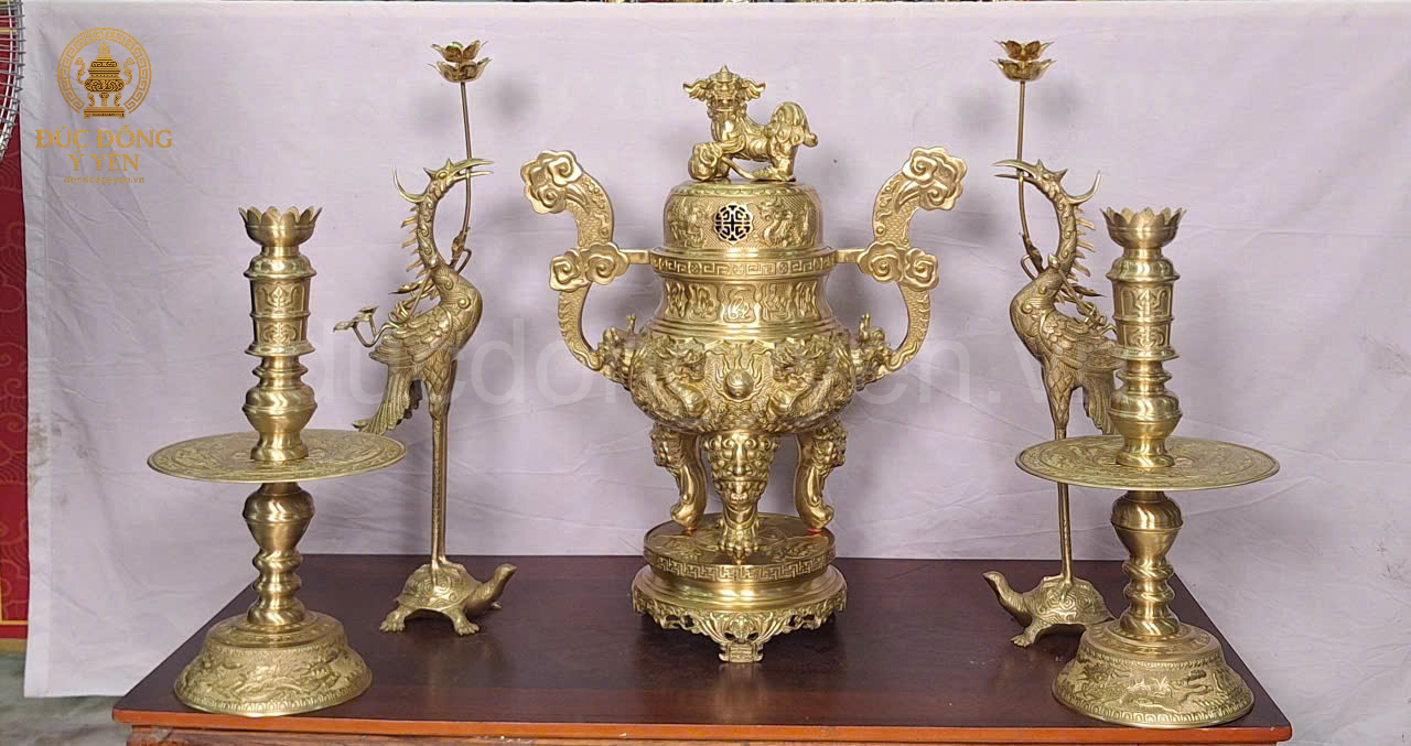 Bộ ngũ sự chạm rồng nổi đồng vàng nguyên chất cao 60cm