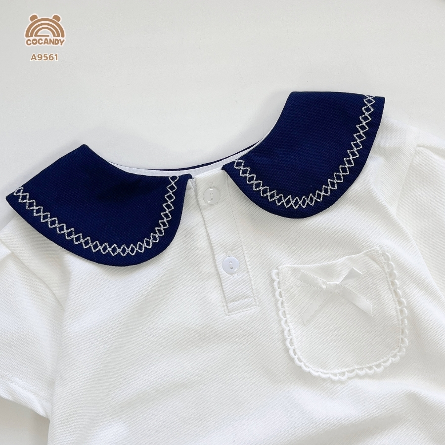 Áo cộc polo  TRẮNG cổ sen xanh than phối nơ_thumbnail_3