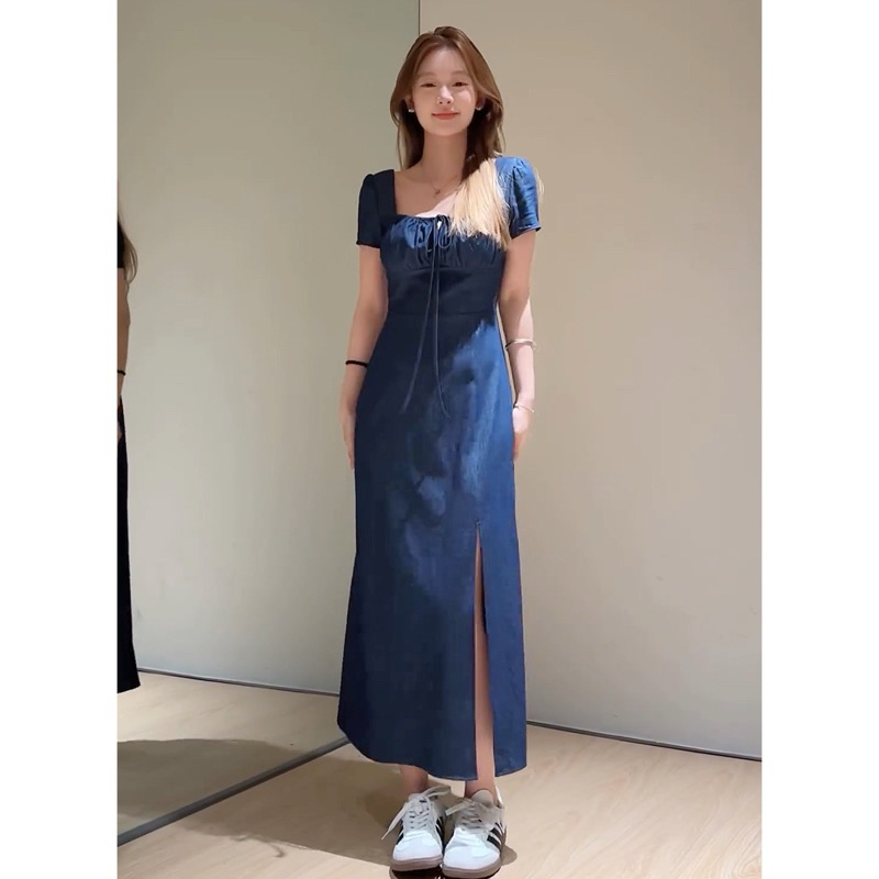 Váy denim cổ vuông dáng dài, đầm denim xẻ đùi dáng dài Logastore_L113_thumbnail_1