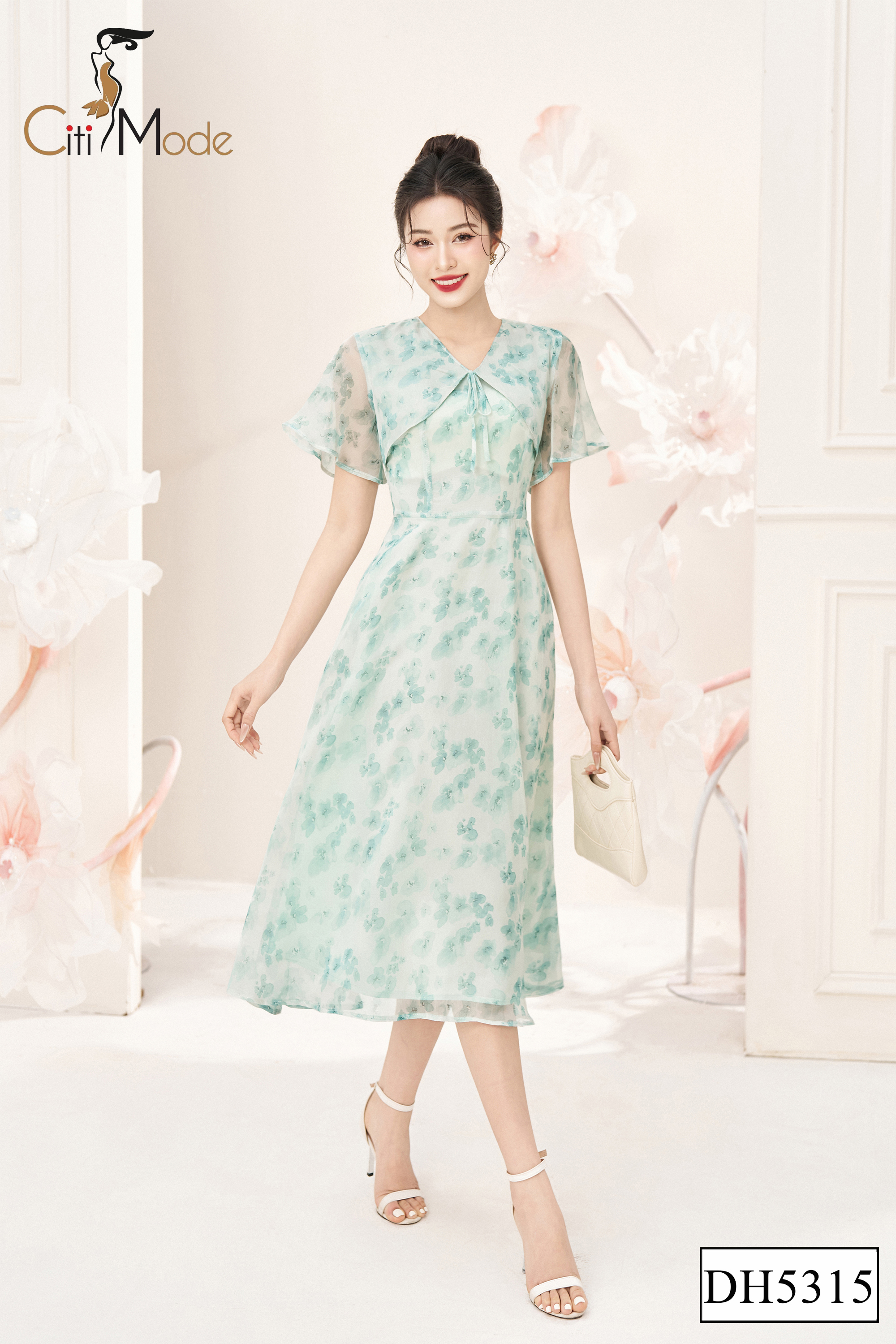 Đầm xoè hoa xanh tay rủ đính nơ_thumbnail_4