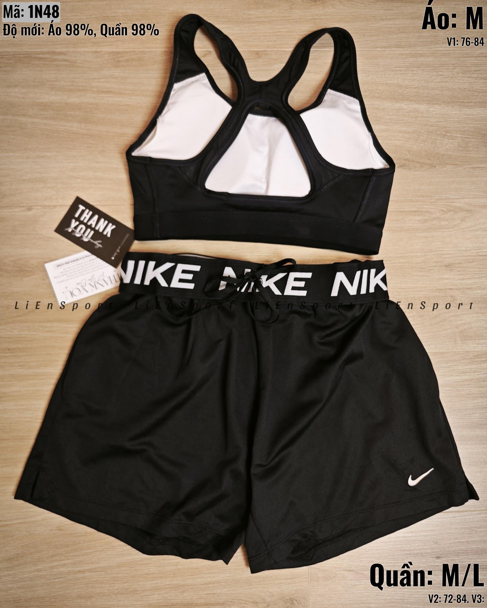 Set 2 món Nike Áo bra lưng chữ X + Quần short thể thao Nữ Size M L Đen Auth 2nd Vải thun co giãn Thoáng khí thấm hút mồ hôi Logo ép nhiệt Cạp chun dây rút Form suông Phù hợp gym yoga chạy bộ Mã:1N48_thumbnail_2