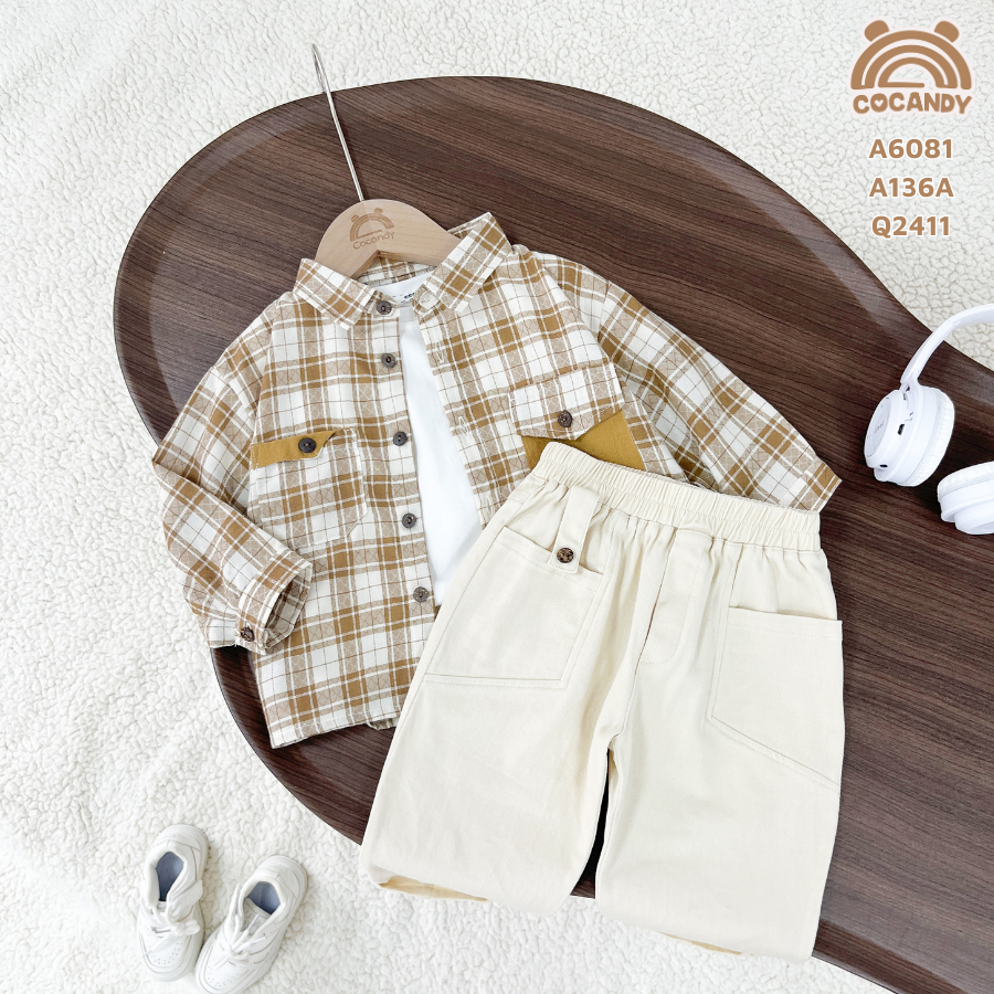 Áo dài caro NÂU 2 túi ngực cúc gỗ_thumbnail_1