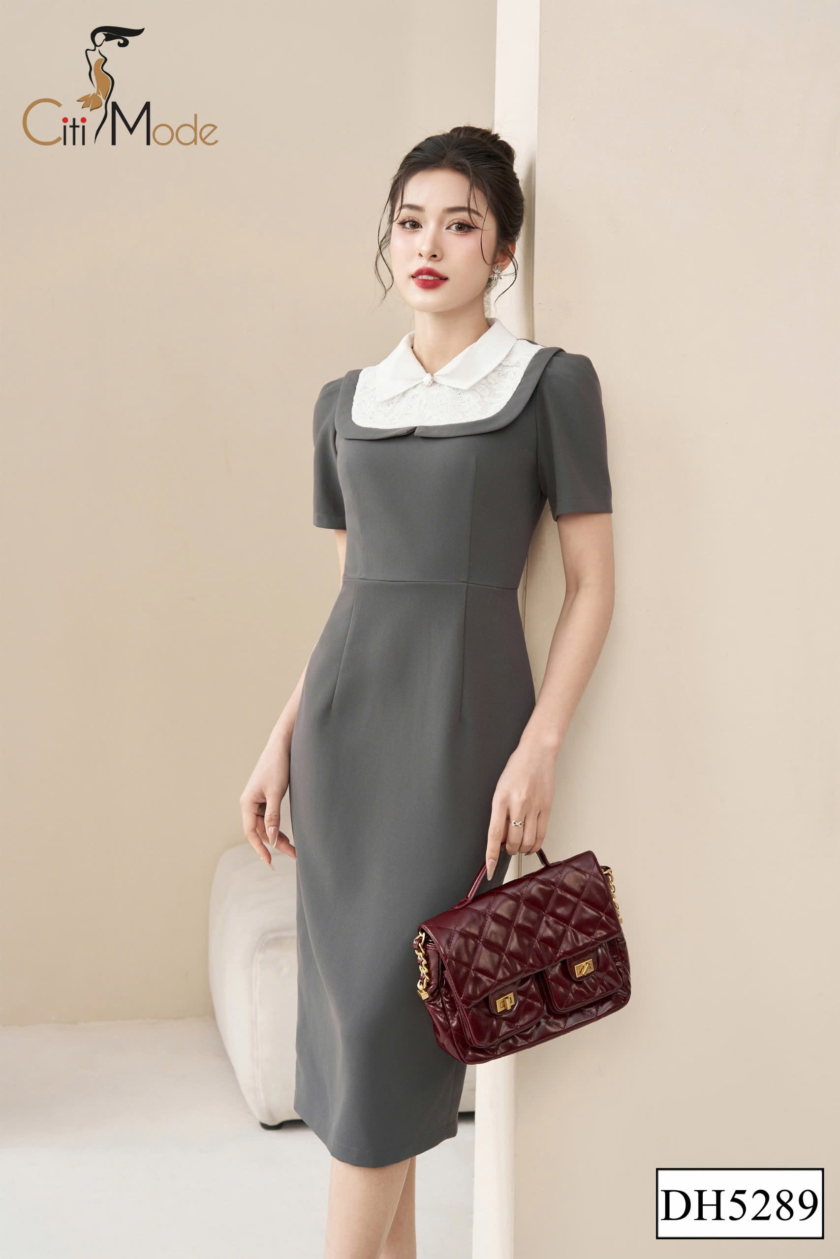 Đầm ôm ghi phối trắng cổ bẻ phối ren_thumbnail_0