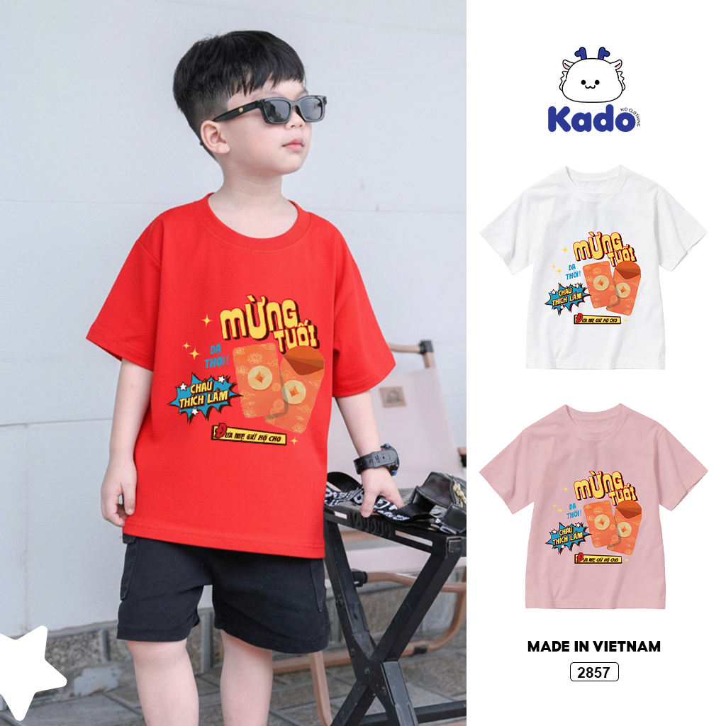Áo thun kid Kado vải cotton dày dặn thoáng mát nhiều màu Mừng tuổi cho bé in mix 2857