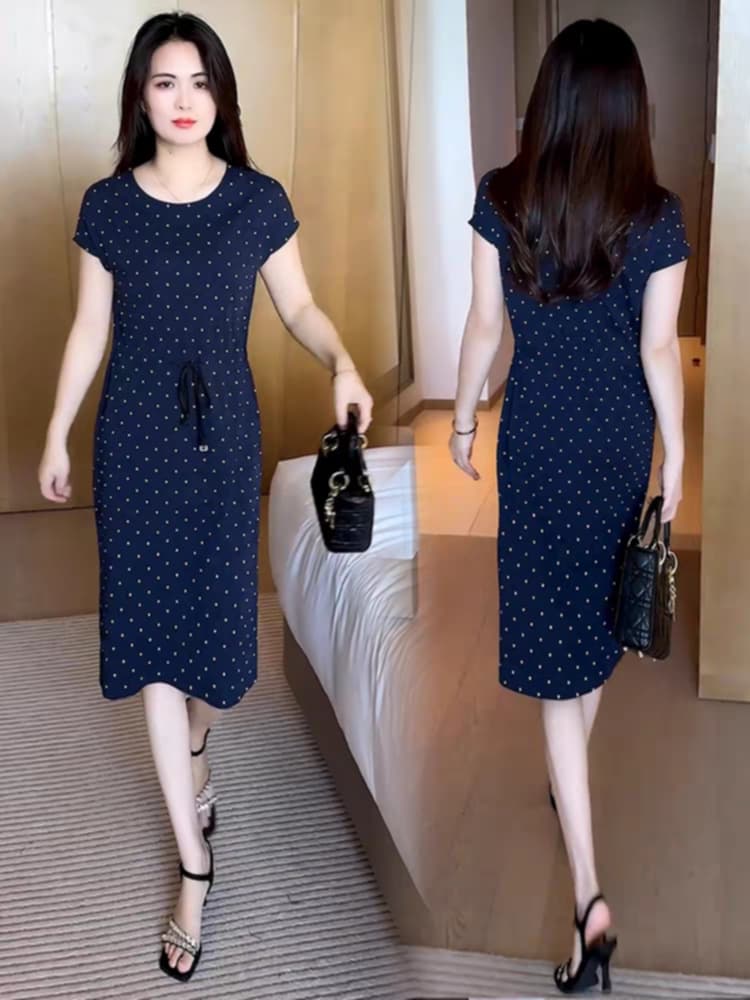 17461-Đầm suông đen cổ  tròn chấm bi eo thắt dây rút (lụa)_thumbnail_2