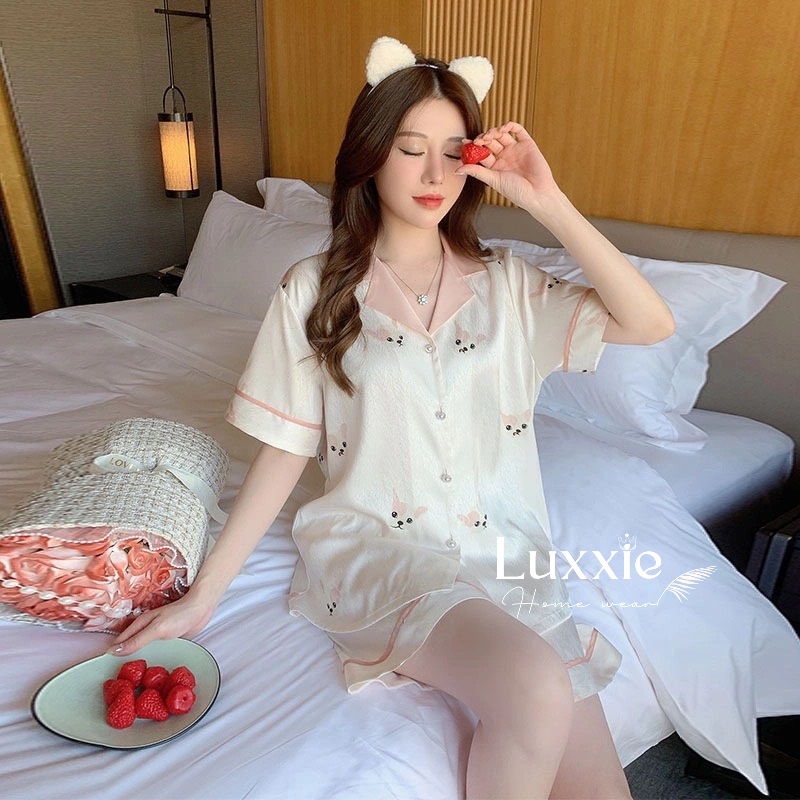 N31C Pijama lụa xước cổ hồng cộc tay quần đùi
