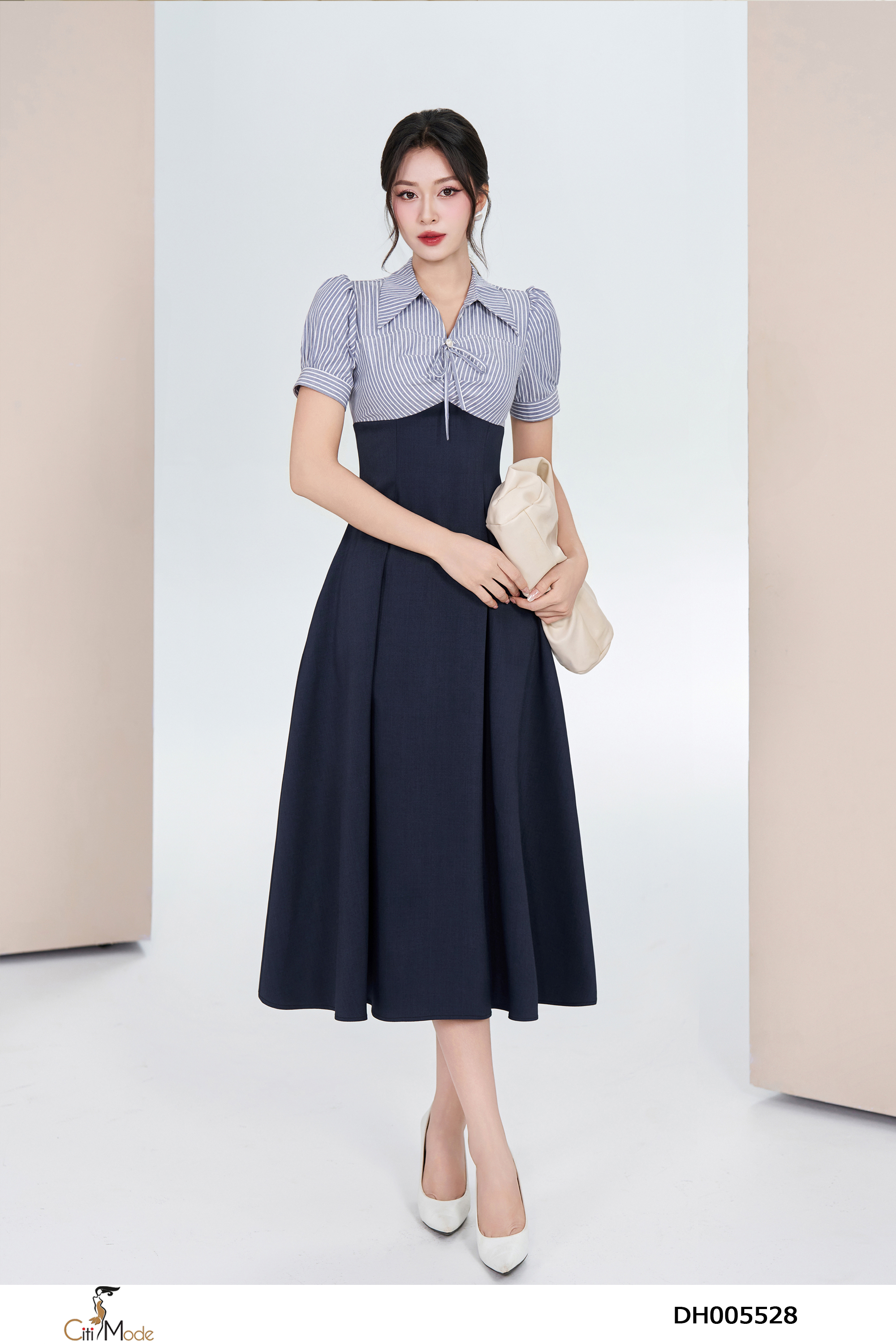 Đầm xòe tím than phối kẻ cổ đức tay cộc_thumbnail_3