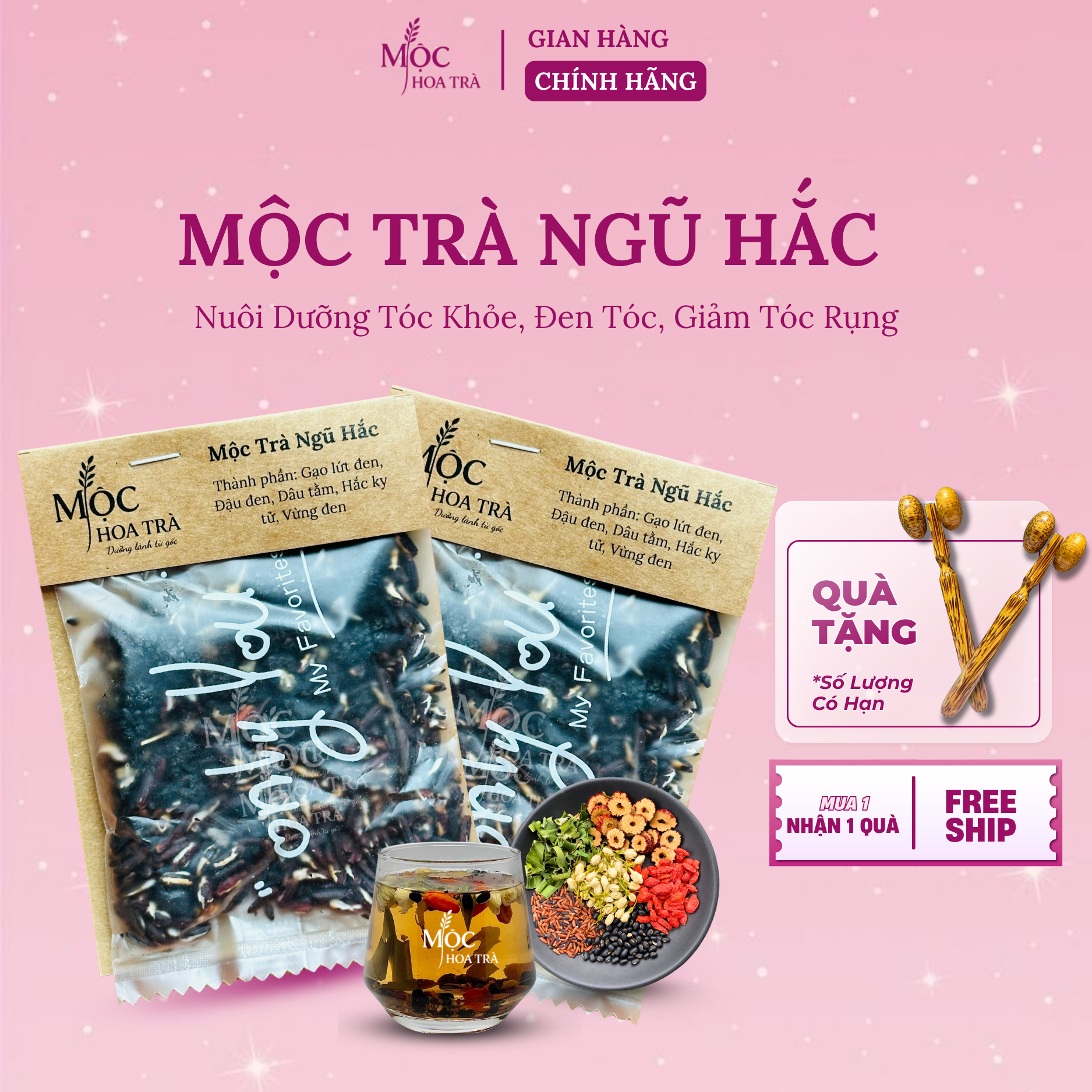 Mộc Trà Ngũ Hắc – Trà Thảo Mộc Dưỡng Tóc – Dưỡng Tóc Khỏe, Đen Tóc, Mọc tóc nhanh – Nguyên Liệu Sấy Lạnh