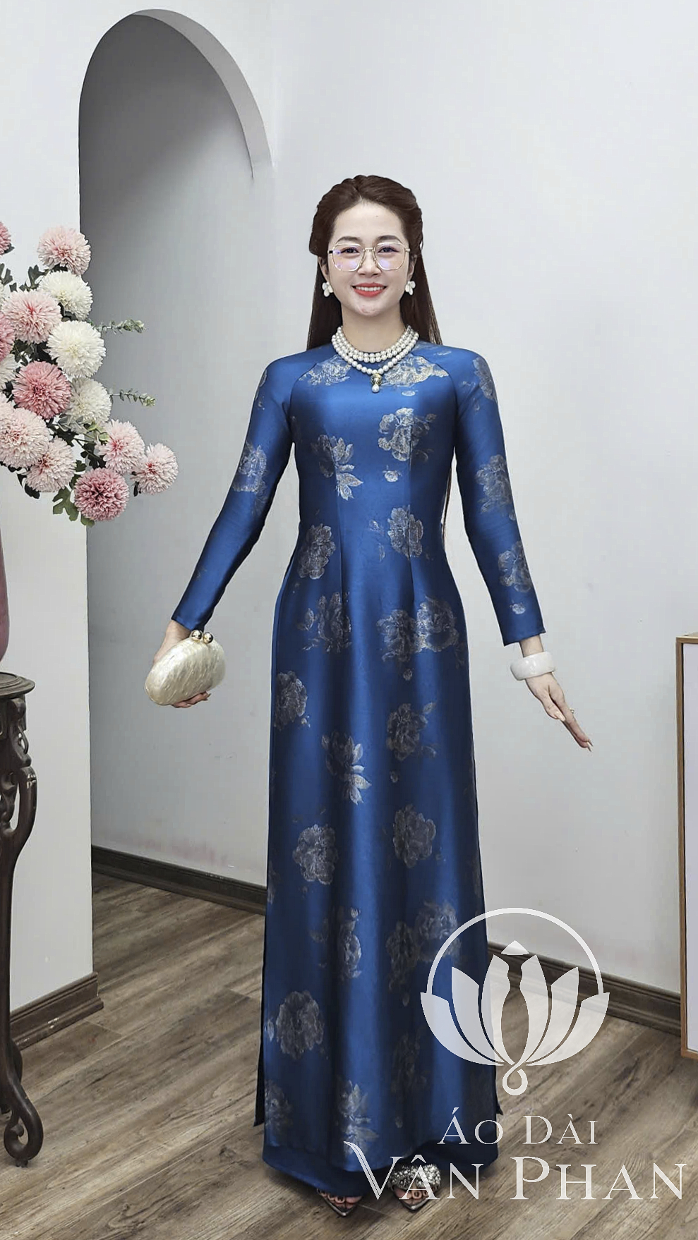 A3158 áo dài cổ khít tay dài dubai xanh cổ vịt