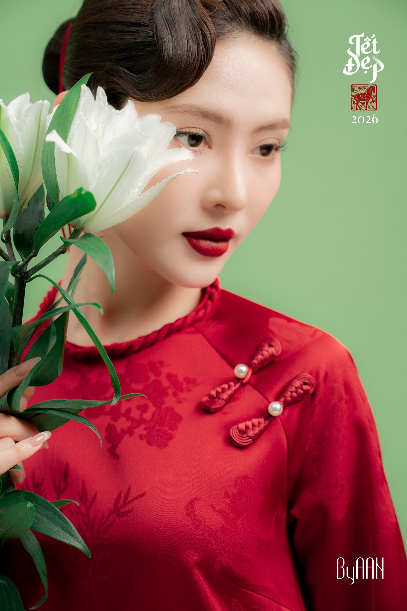 Set áo dài lụa Hàng Châu đỏ đô họa tiết hoa_thumbnail_9