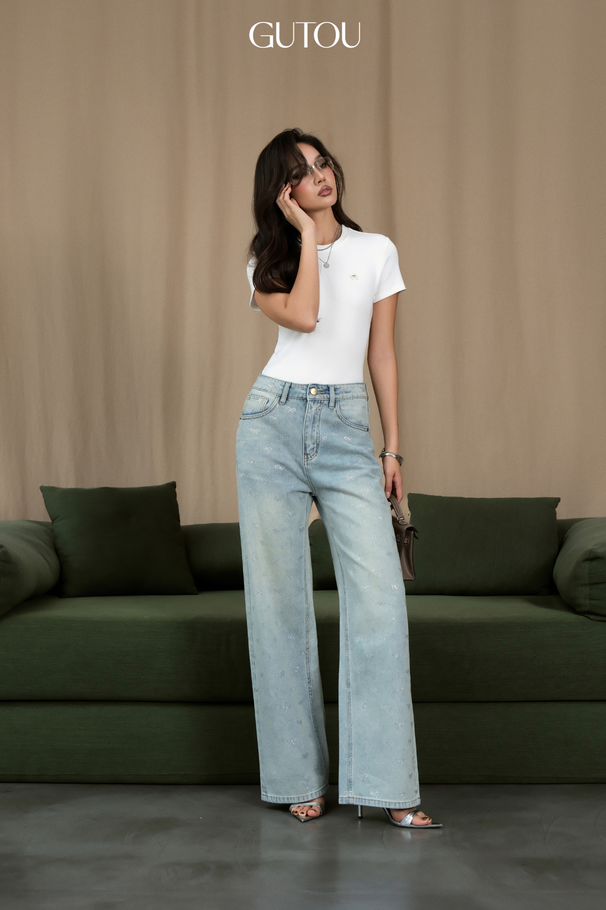 [ GUTOU ] Quần Jeans Suông Đính Đá Nơ Roselli