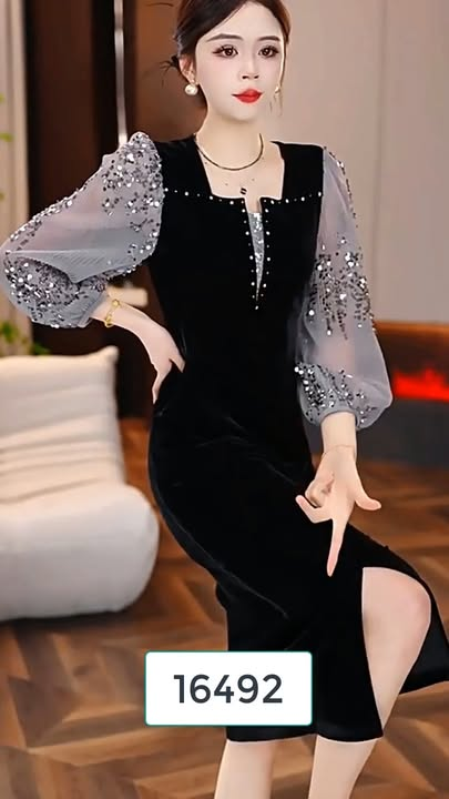 16492-Đầm suông phối tay voan kim sa xám ( thun nhật, voan kim sa)_thumbnail_0