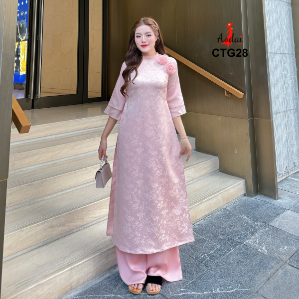 Áo dài cách tân Gấm xốp Thượng Hải tay ghép Von tơ mềm 2 lớp cổ xếp li hoa thêu nổi_thumbnail_3