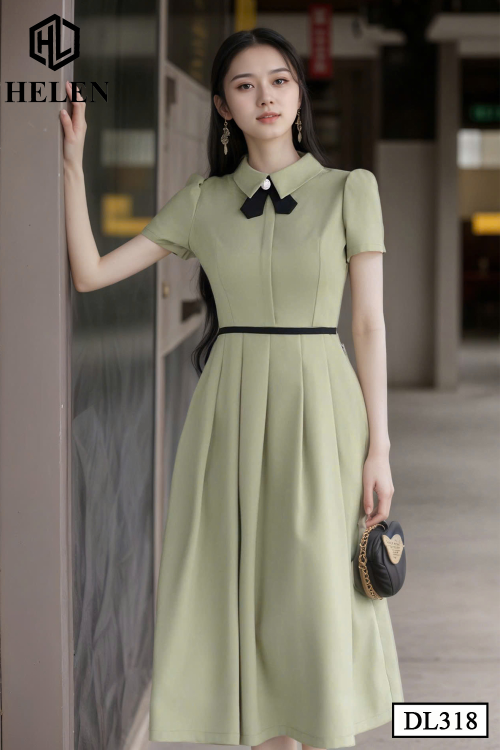 Đầm xòe xanh oliu phối nơ đen DL318