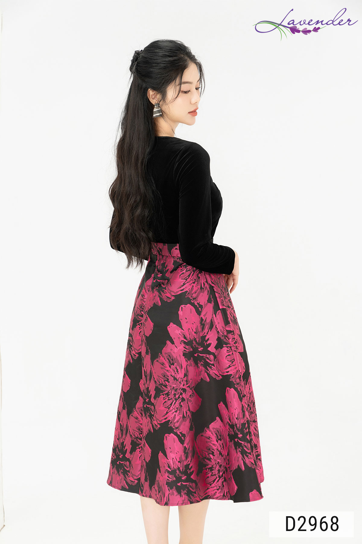 Đầm nhung phối tafta dáng xòe chân váy hoa cổ V tay dài D2968_thumbnail_3
