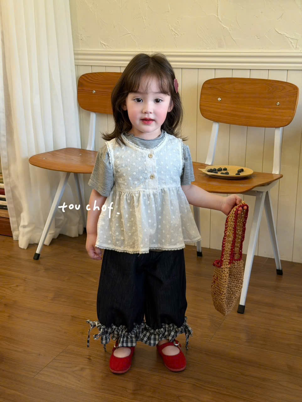 (E170) Quần bò giấy xám chuột gấu thêu caro hãng Touchof