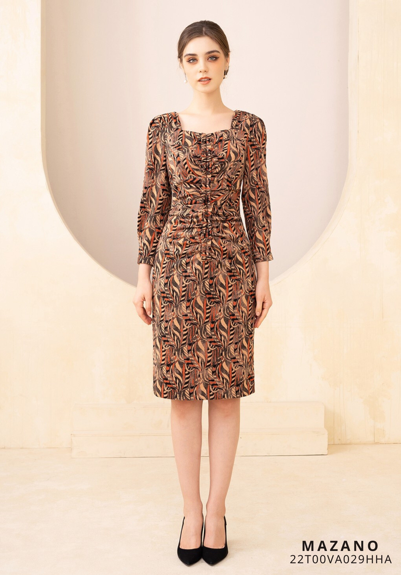 Đầm thun xốp họa tiết ôm thân nhún