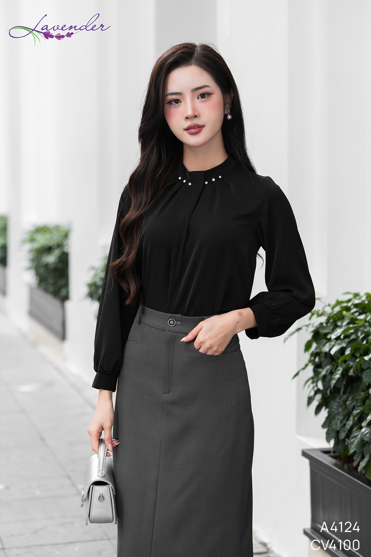Áo sơ mi cổ trụ tay dài 2 màu xanh ngọc, đen A4124_thumbnail_7