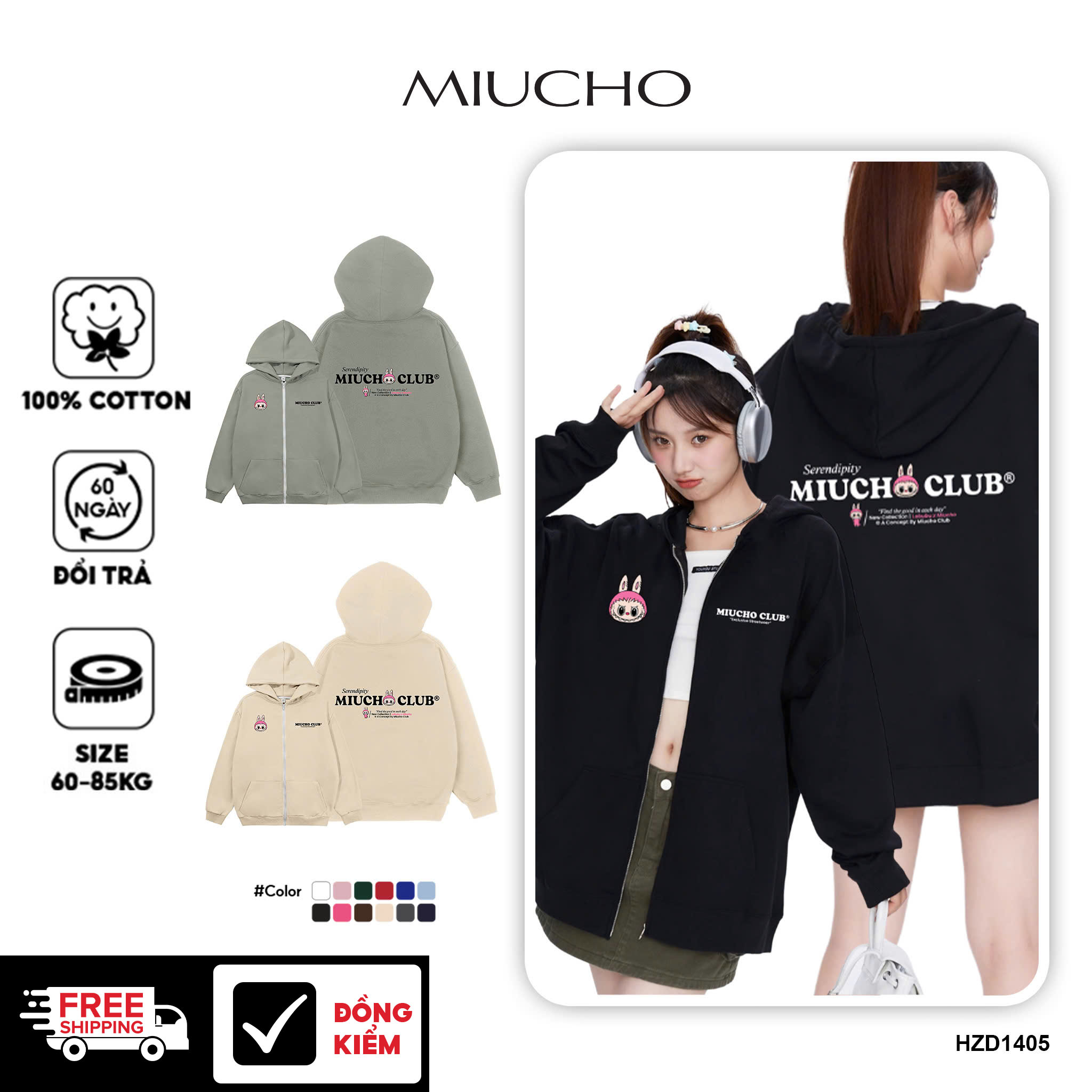 Áo hoodie zip labubu unisex local brand HZD1405 Miucho nỉ chân cua dày dặn in mix_thumbnail_1