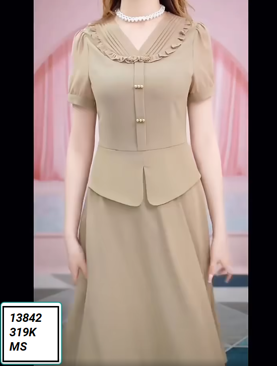 13842-Đầm xòe  tay ngắn cổ cách điệu(Lụa ý)FREESHIP_thumbnail_0