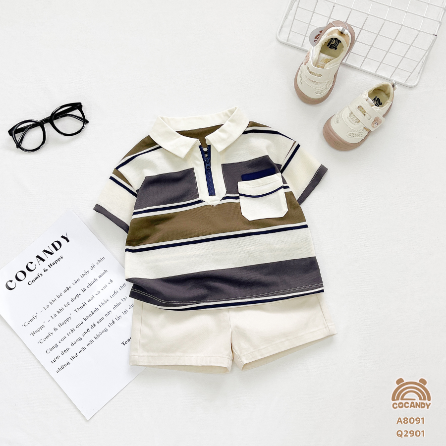 Áo cộc kẻ XANH RÊU cổ khóa phối túi