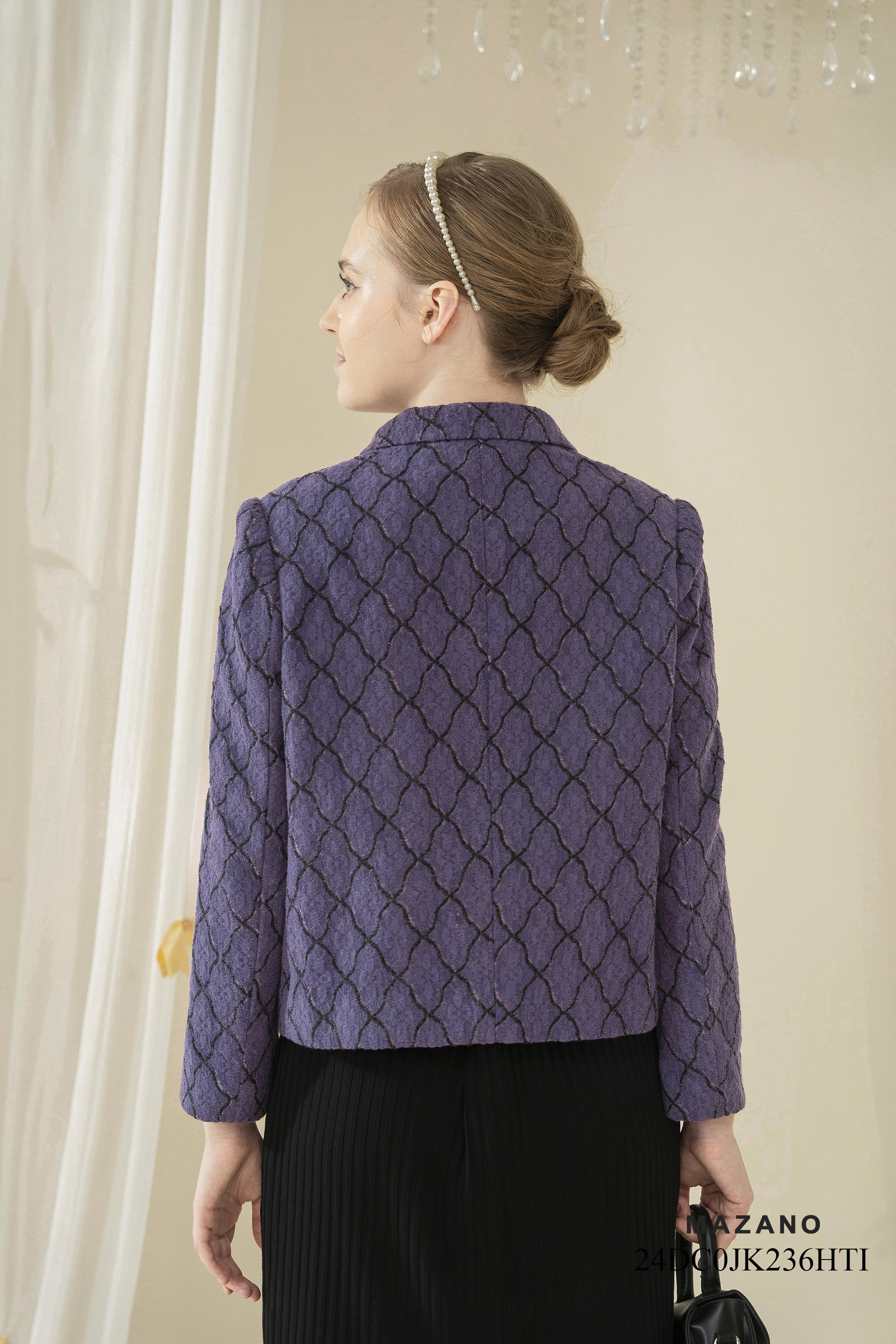 Áo khoác ngắn Suông Vải dạ len cao cấp Họa tiết quả trám Dài dưới eo_thumbnail_5