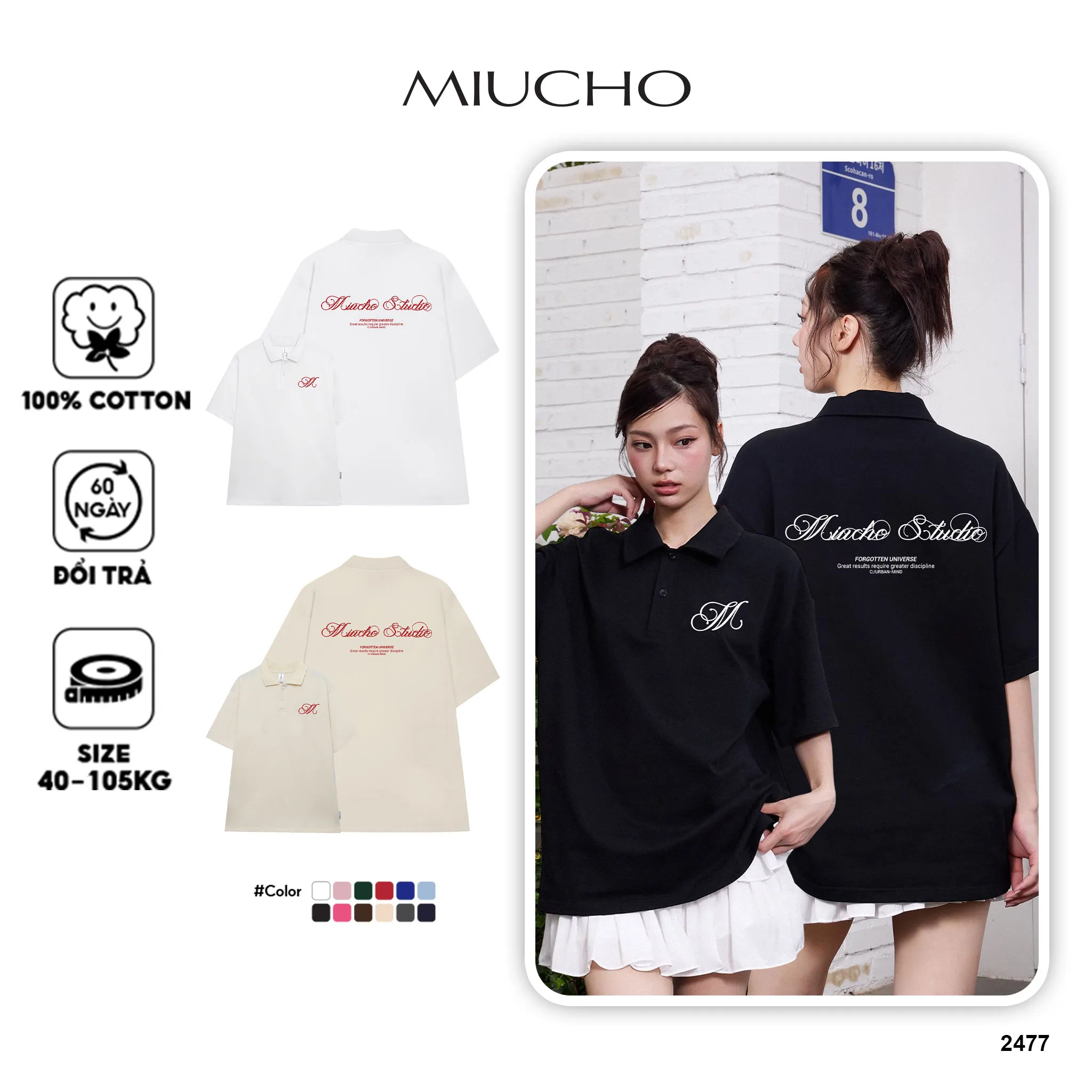 Áo polo vải cotton cao cấp 2477 Miucho phong cách basic tay ngắn cổ trụ in typography